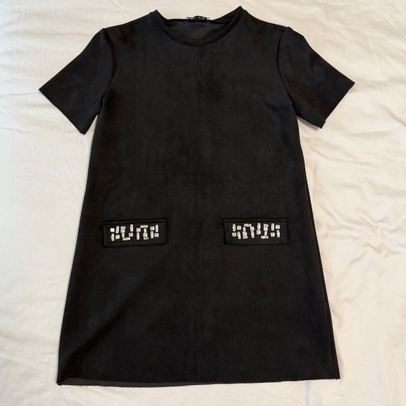 Zara Black Faux Suede Embellished Pocket Mini Dress | Size Small | Detail Shift - Picture 9 of 10